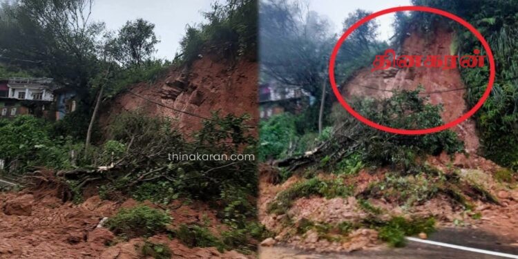 கடும் மழை காரணமாக ஹட்டன் – நுவரெலியா பிரதான வீதியில் மண்சரிவு.!